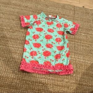 RuffleButts Girls Rash Guard Short Sleeve floral 8 turquoise pink roses